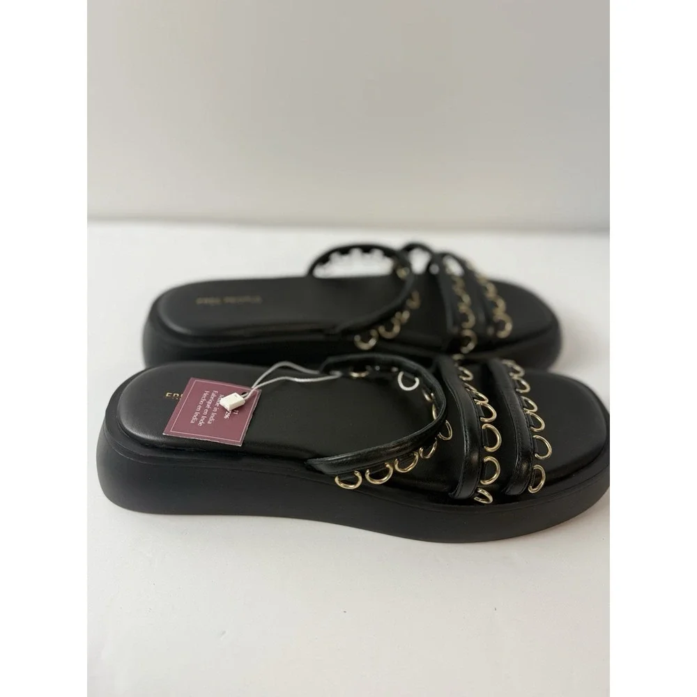 Free People Midas Touch Slides Sandals Black Leather Chunky Studded Sz 11 - Picture 3 of 7